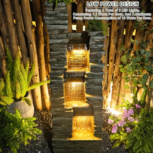 Water Fountain Outdoor Indoor - Modern Waterfall Garden Freestanding Fountain Curved Surface Artistry Design with LED Lights and Light Strip for Home Decor Patio Yard Pool,37.4 inches Tall