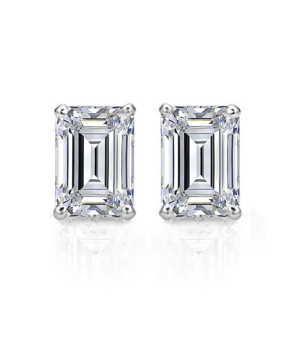 2 ct Brilliant Emerald Cut Solitaire Studs Conflict free Genuine Cultured Certified Diamond Clarity VS1-VS2 Color J-K 18K White Gold Earrings Screw back