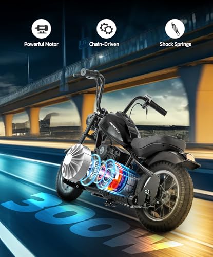 ELEMARA Electric Dirt Bike, 15 mph & 150lb Max, 24V Ride on Toy for Big Kids w/LED Lights & Power Display, Chain-Driven Motor, Twist-Grip Throttle, Shock Springs, Handbrake, 12" Air-Filled Tires-Black