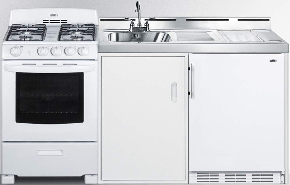 Summit Appliance ACK72GASW 72" Wide All-in-One Kitchenette with 115V 4-Burner Gas Range, Refrigerator-Freezer, Sink, Cutting Board and Cutlery Storage, and a Storage Cabinet