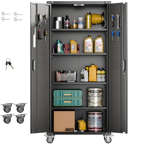 Aobabo Garage Storage Cabinet with Wheels,72" H Metal Storage Cabinet with 2 Doors and 4 Adjustable Shelves for Garage Home, Black,Required-Assembly