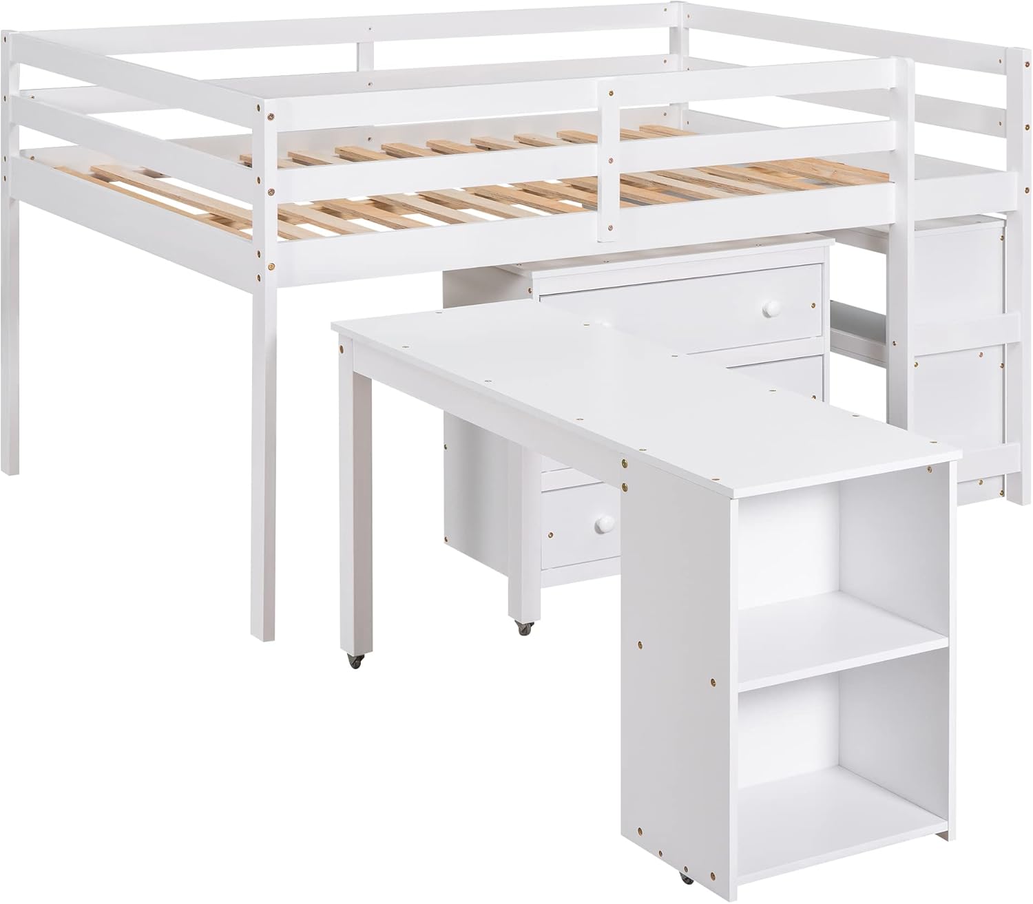Merax Full Loft Bed, Wood Loft Bed Full Size with Desk, Low Study Full Size Loft Bed Frame with Cabinet and Shelves, Great for Kids/Teens/Boys/Girls/Adults, White