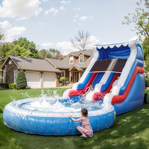 Water Slides for Kids,Commercial Big Water Slide for Adults Backyard 100% PVC Climbing Ladder with 2 Large WaterSlides with Splash Pool Outdoor Wet Dry Inflatable Pool Kids Water Slides 20FT/L