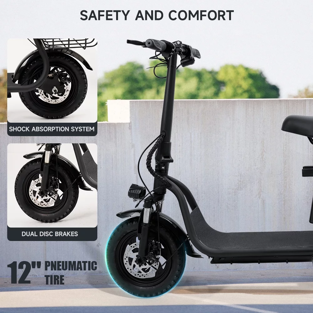 Adult Electric Scooter with Seat & Carry Basket, New Upgraded 500W 36V Up to 19 Mph- LCD Display-Moped for Adults-Foldable-Oversized Soft Seat-Dual Shock Absorption E-Bike