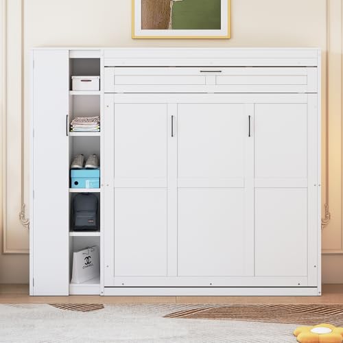Harper & Bright Designs Queen Size Murphy Bed Wall Bed with Storage Shelves, Wardrobe and LED Lights, Space-Saving for Multipurpose Guest Room or Home Office, Gray