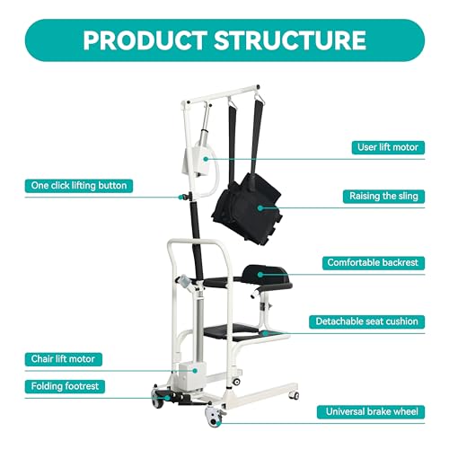 Electric Transfer Chair Patient Lift (4 in 1) for Home, 180° Split Seat, 330 lbs Load-Bearing for Elderly Disabled Handicapped (Eclectic, White, Black)