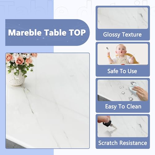 Dining Table Set for 6,Kitchen Table Chairs Set with Glossy Faux Mareble Table Top,67in White Rectangle Dining Room Table Set for 6,7 Piece Kitchen Table and Chairs Set for Kitcken Dining Room