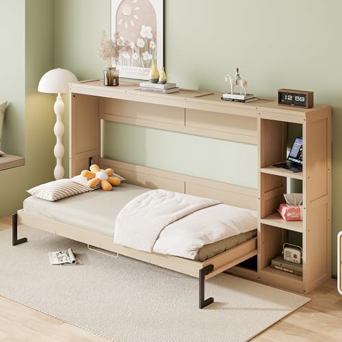 Wooden Murphy Cabinet Bed Frame with Charging Station, Full-Size Foldable Wall Bed with Large Storage Drawer for Home Apartment Limited Living Places, Space-Saving Hidden Bed No Box Spring Needed