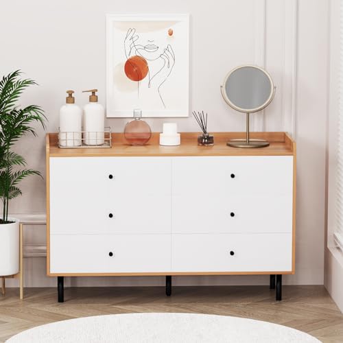 White Nursery Dresser for Bedroom with 6 Drawers, Modern Wood 6 Drawer Dresser with Black Knobs, Chest of Drawers for Nursery, Living Room, Closet, Entryway, Hallway (White+Wood)