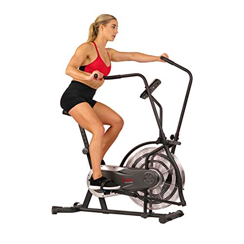 Sunny Health & Fitness Air Bike Fan Exercise Bike with Digital Monitor, Full Motion Arm Exercisers, and Adjustable Seat