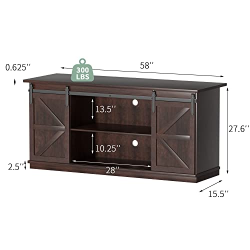 YESHOMY Farmhouse TV Stand for Televisions up to 65 Inches, Sliding Barn Doors and Storage Cabinets, Console Table and Media Furniture for Living Room, 58 Inch, Milk White