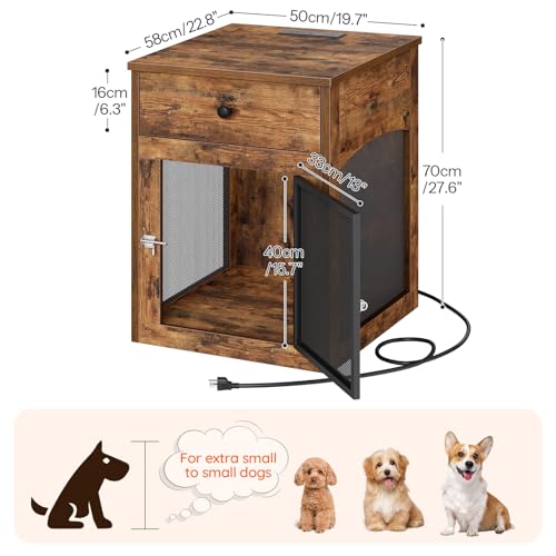 HOOBRO Dog Crate Furniture, Dog Kennel with Drawer and Charging Station, Indoor Decorative Puppy House, Wooden Pet Crate End Table for Small Dogs, Rustic Brown and Black BF58UGW03G1