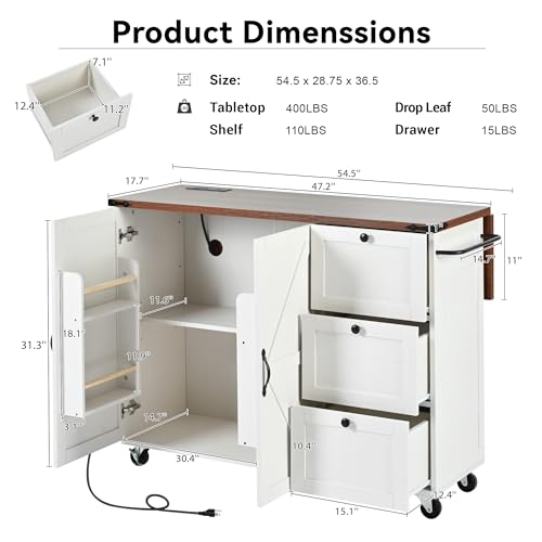 54.5" Farmhouse Mobile Kitchen Island with Power Outlet, Drop Leaf, Spice Rack and Drawer - Rolling Kitchen Cart with Ample Storage, Rustic Storage Islands for Home and Dining Room
