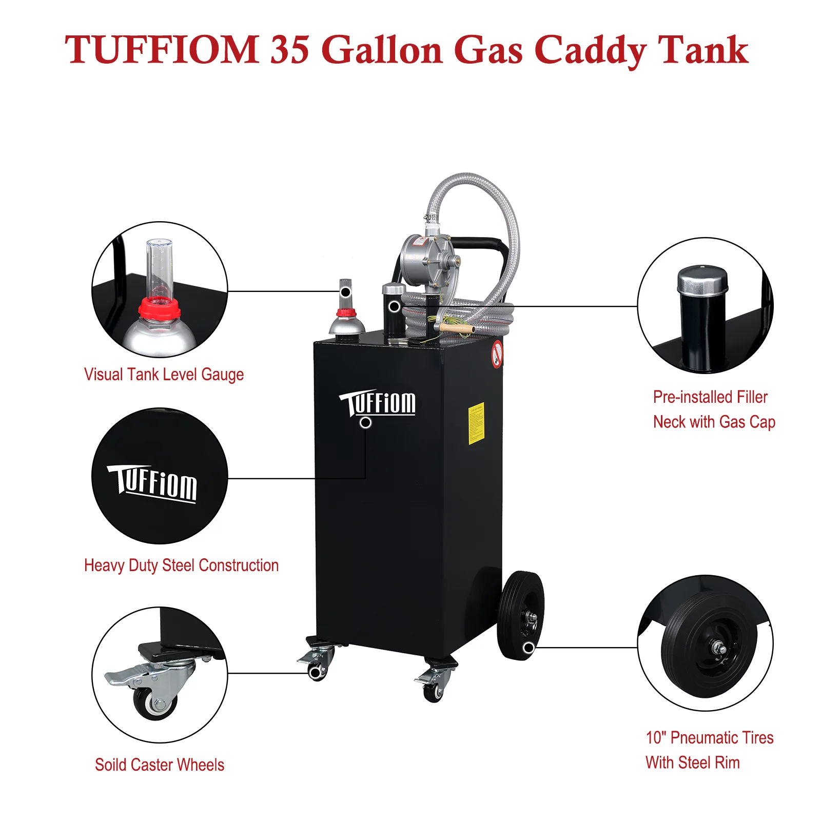 TUFFIOM 35 Gallon Gas Caddy with Hand Pump & Wheels, Gasoline Diesel Transfer Tank