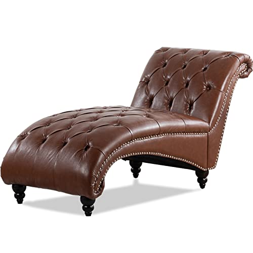 Modern Leather Lounge Chair with Nailhead Trim，Elegant Living Room Lounge Chair for Indoor Bedroom,Button Tufting Chaise Lounge Indoor. (Brown Leather)