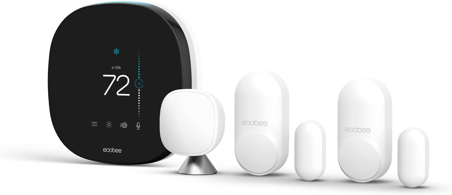 ecobee SmartThermostat with Voice Control (SmartSensor Included) + 2-Pack SmartSensors for Doors and Windows