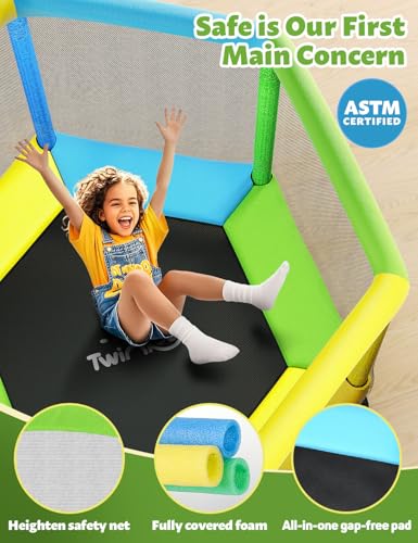 60" Trampoline for Kids, Twinkoo 5FT Fortified Toddler Trampolines with Anti-Rollover Bottom, Indoor/Outdoor Toddler Trampoline with Safety Enclosure, Adjustable Gymnastics Bars, Basketball Hoop