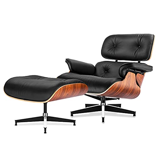 Mid Century Lounge Chair and Ottoman, Modern Chair Classic Design, Top Black Grain Leather Palisander Wood, Heavy Duty Base Support for Living Room Study Lounge Office