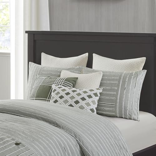 Madison Park King Comforter Set Clipped Jacquard Stripes with Buttons Boho Comforter for a King-Size Bed, Cotton Oversized Comforters with Removable Cover Boho Bedding, King Ivory 9 Piece