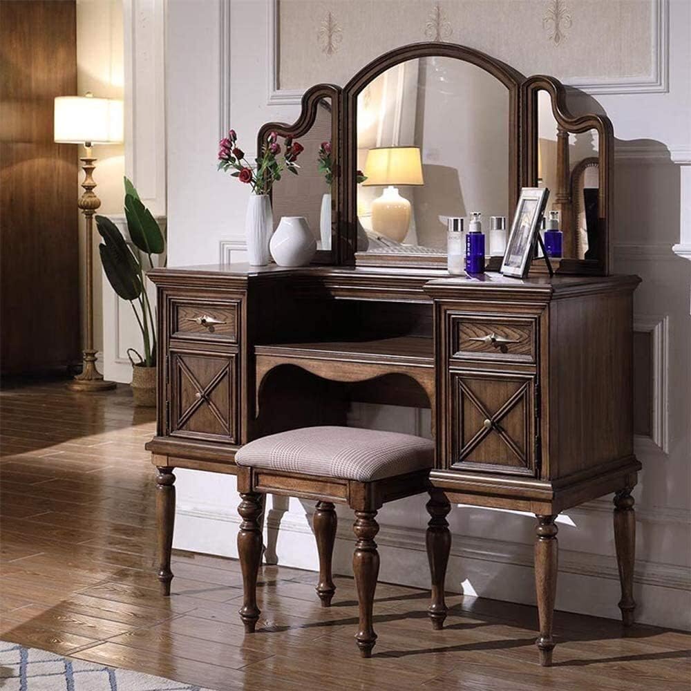 Luxury Dressing Vanity Table w/Stool for Bedroom, Simple American Solid Wood Dressing Table - Bedroom Simple European tri-fold Mirror Dressing Table Combination American Fashion Wind