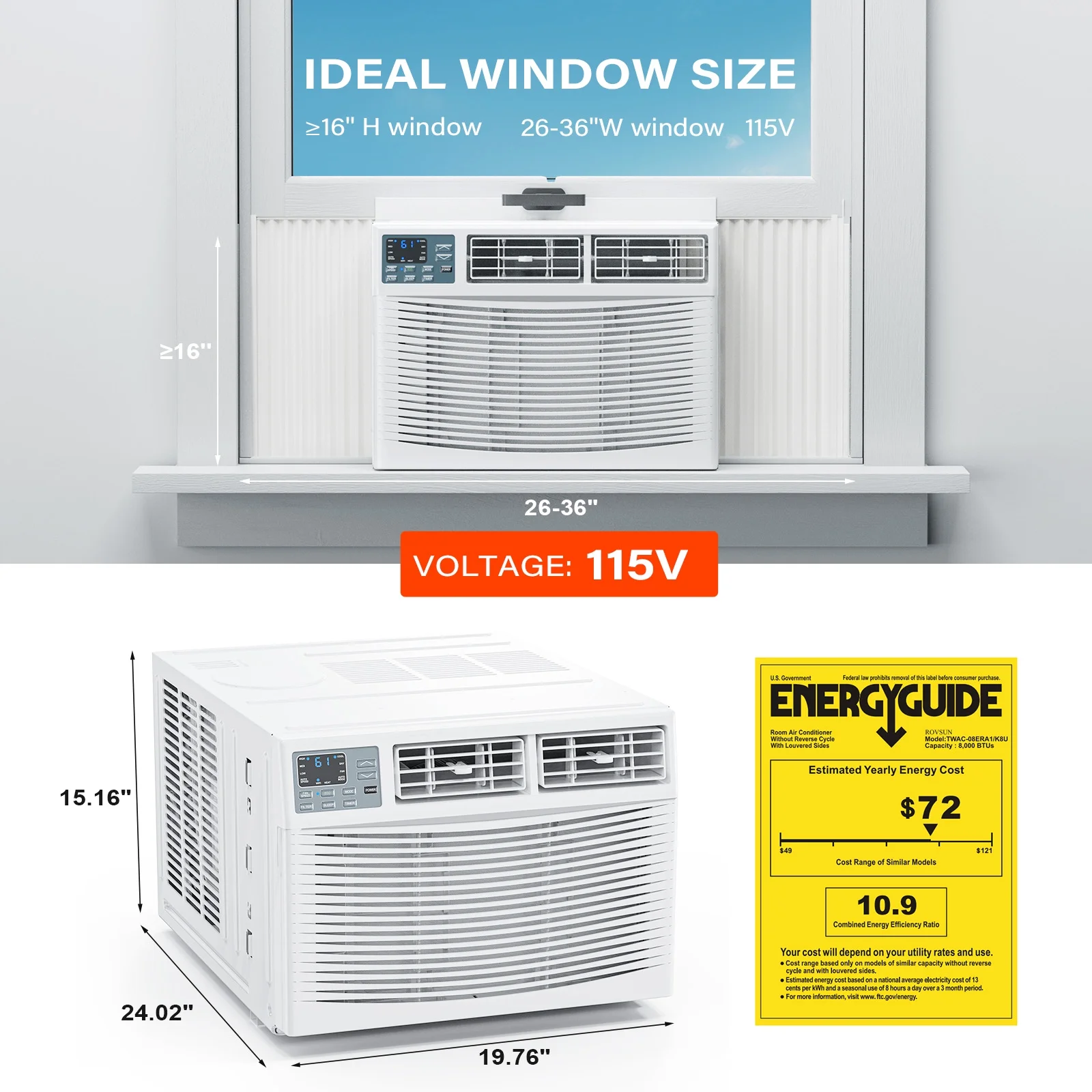 ROVSUN 8000 BTU Window Air Conditioner with Heat, Window AC Unit & Heater Combo with APP & Voice Smart Control, Timer Function & Easy Installation Kit, Work with Alexa/Google Assistant, 115V/60Hz
