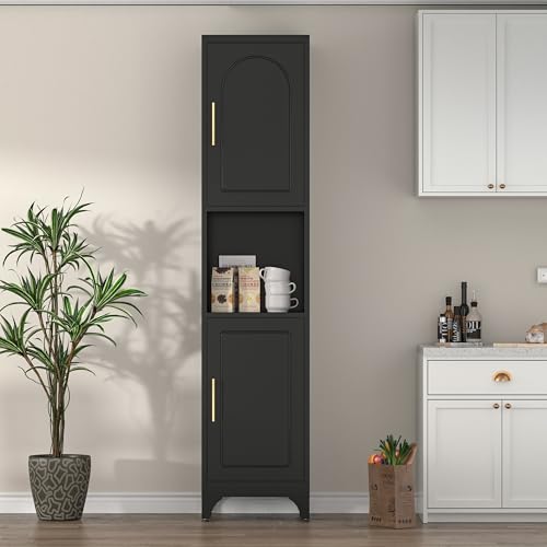 Kitchen Pantry Cabinet with Acrylic Glass Doors, 75" Metal Kitchen Hutch with Countertop, Adjustable Shelves, Freestanding Food Pantry Cabinet for Living, Dining Room, Black, Assembly Required