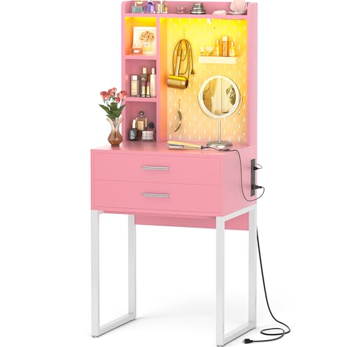 Small Vanity Desk with Hutch and Drawers, Pink Makeup Vanity Desk with Charging Station, Vanity Table Dressing Table with LED Lights, Vanity Desk No Mirror with Pegboard for Girls Women, 24"