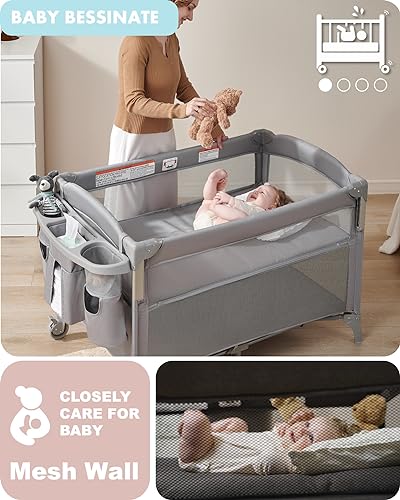Baby 4 in 1 Bassinet Bedside Sleeper, 4 Functions Bedside Crib Sleeper, Playard, Changing Table, Baby Bassinet for Newborn Baby, Bedside Bassinet for Baby Portable Changing Table