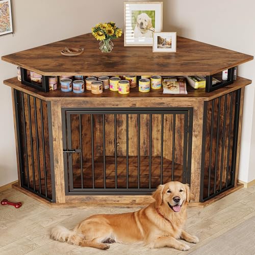 IRONCK 51" Corner Wooden Dog Crate Furniture with 2-Tier Shelves, Pet Kennel for Large Dogs, Space-Saving Dog Cage Indoor, Rustic Brown (26.7" L x 51.2" W x 33.5" H)