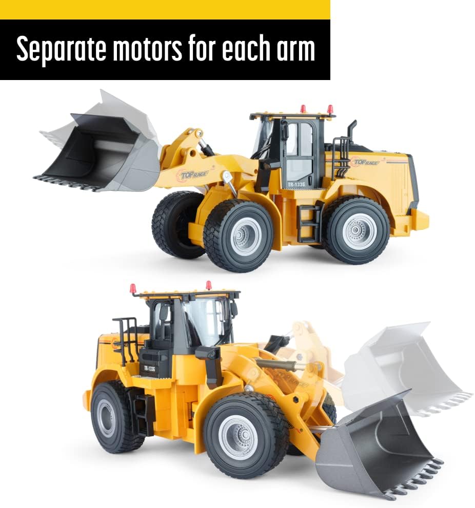 Top Race 9 Channel Toy Truck, Heavy Duty Remote Control Front Loader, RC Remote Control Construction Tractor with Lights & Sounds 2.4Ghz Metal Shovel and Parts Hobby Grade (TR-133G) Pack of 2