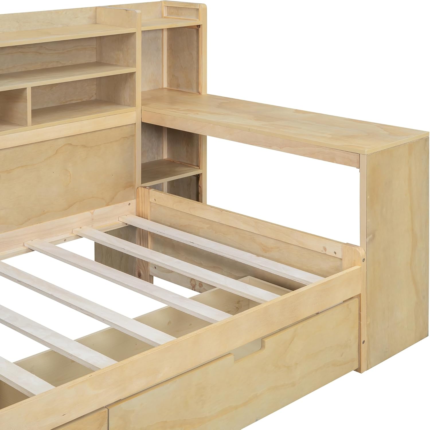 Twin Size Wooden Captain Bed Daybed with Storage Bookshelf, Study Desk and 2 Drawers, Multi-functional Storage Bed Frame for Bedroom Furniture, Space-Saving, Natural