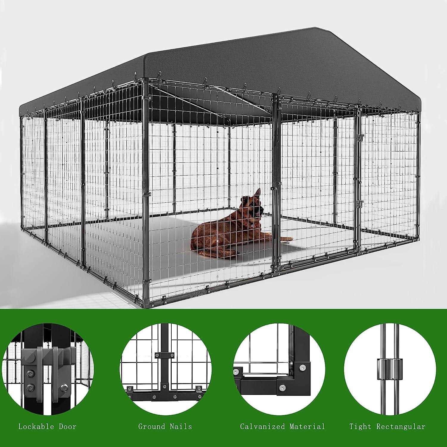 Alaulm Large Heavy Duty Outdoor Dog Kennel, Galvanized Steel Dog Kennel Fence with Roof and Double Safety Locks - Pet Supplies online store