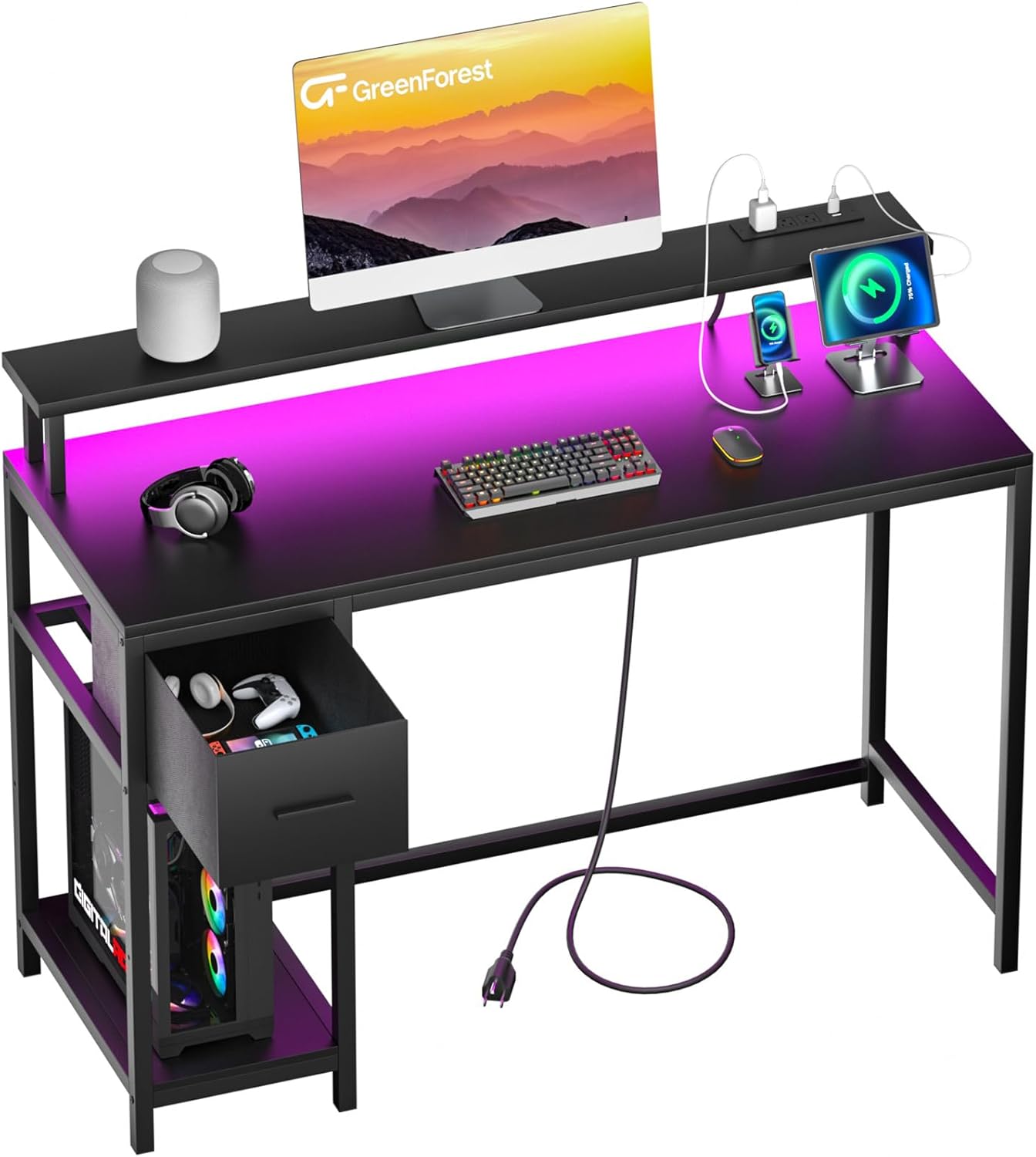 GreenForest Computer Desk with Full Monitor Stand and Black Folding Desk for Home Office