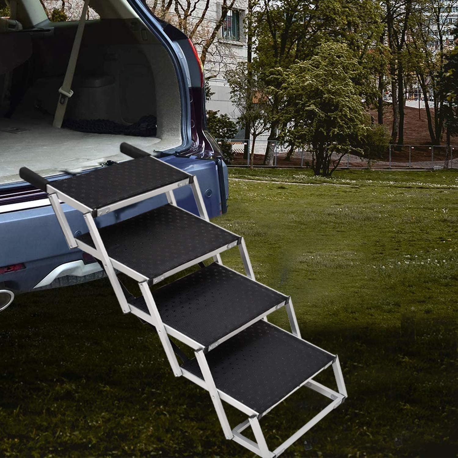 Portable Dog Stairs for Large Dogs, Foldable Aluminum Lightweight Pet Ramps,Accordion Pet Ladder Dog Car Steps with Non-slip Surface for High Beds, Trucks, Cars and SUV, Supports up to 200 lbs