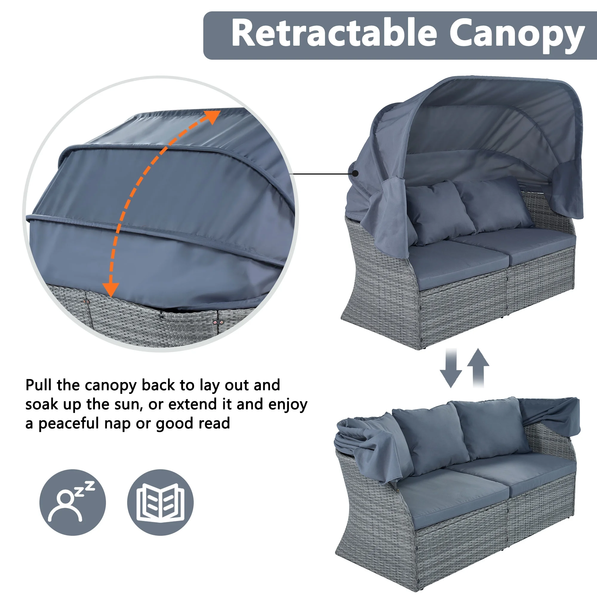 Holaki Outdoor Patio Rectangle Daybed with Retractable Canopy, Wicker Furniture Sectional Seating with Washable Cushions, Gray