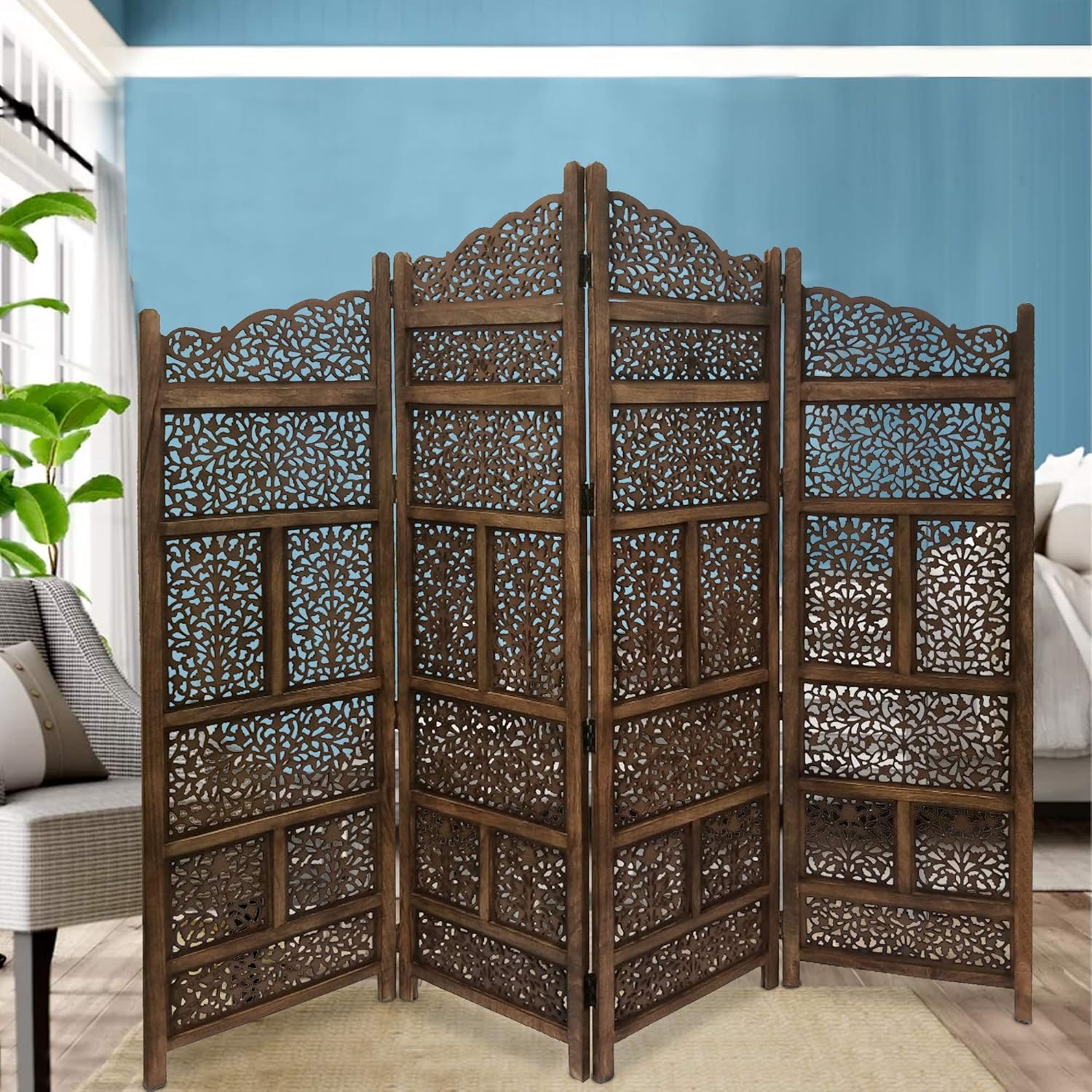 Benjara BM01875 Hand Carved Foldable 4-Panel Wooden Partition Screen/Room Divider, Brown