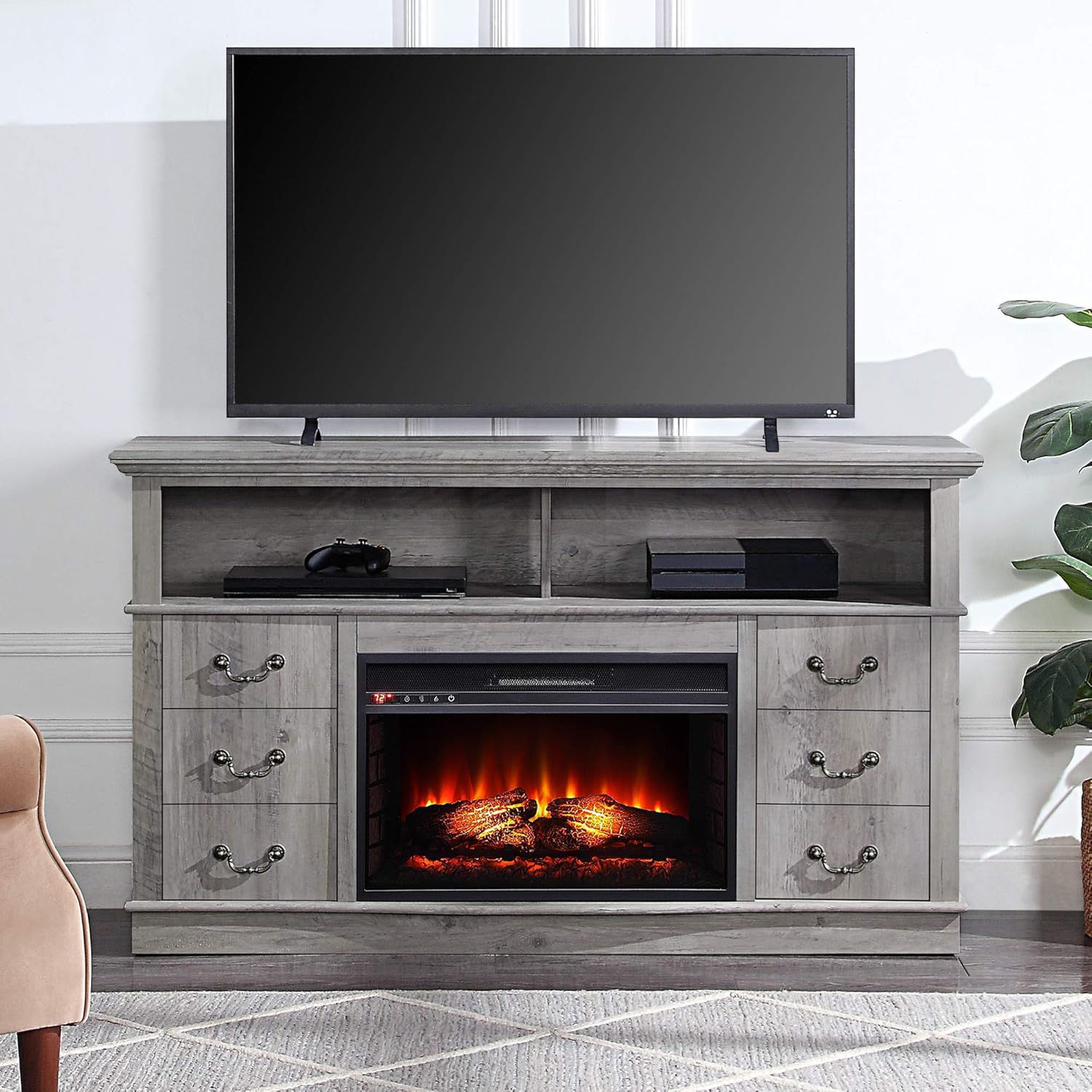 BELLEZE Modern Farmhouse Wood TV Stand & Media Entertainment Center Console Table for TVs up to 50 Inch with Open Storage Shelves & Cabinets – Norrell (Gray Wash)