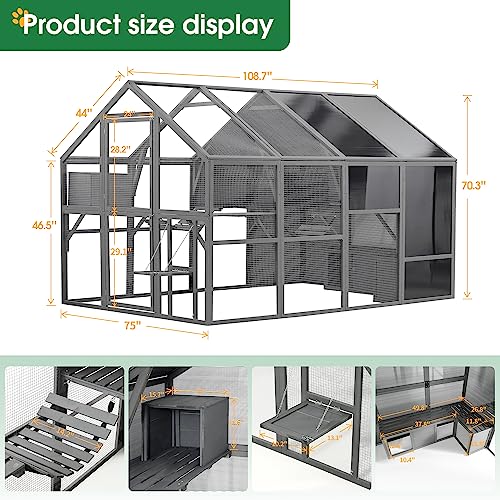 Lovinouse 71 Inch Large Outdoor Cat House, Waterproof Wooden Cats Catio Cat Cage Enclosure with Large Door, Platform and Small House