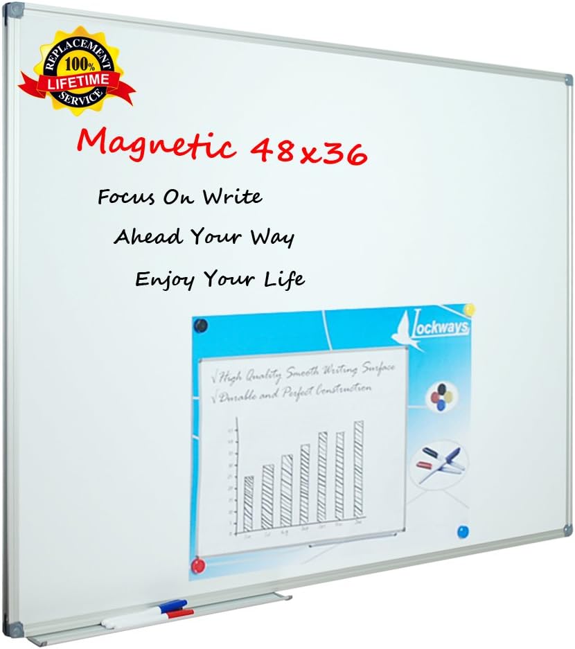 Lockways White Board Dry Erase Board 48 x 36 - Magnetic Whiteboard 4 X 3, Silver Aluminium Frame, Set Including 1 Detachable Aluminum Marker Tray, 3 Dry Erase Markers, 8 Magnets Pack of 2