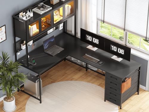 SEDETA L Shaped Gaming Desk with Drawers, L Shaped Computer Desk with Hutch and Storage Shelves, Gaming Desk with Pegboard, Led Lights, and Power Outlet, Home Office Desk, Corner Desk, Rustic Brown