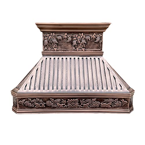 SINDA Copper Kitchen Oven Range Hood with Range Hood Insert Antique Copper Patina and Oil Rubbed Bronze Decorative Bars, Grapevine Design Square Head, H14BTRA
