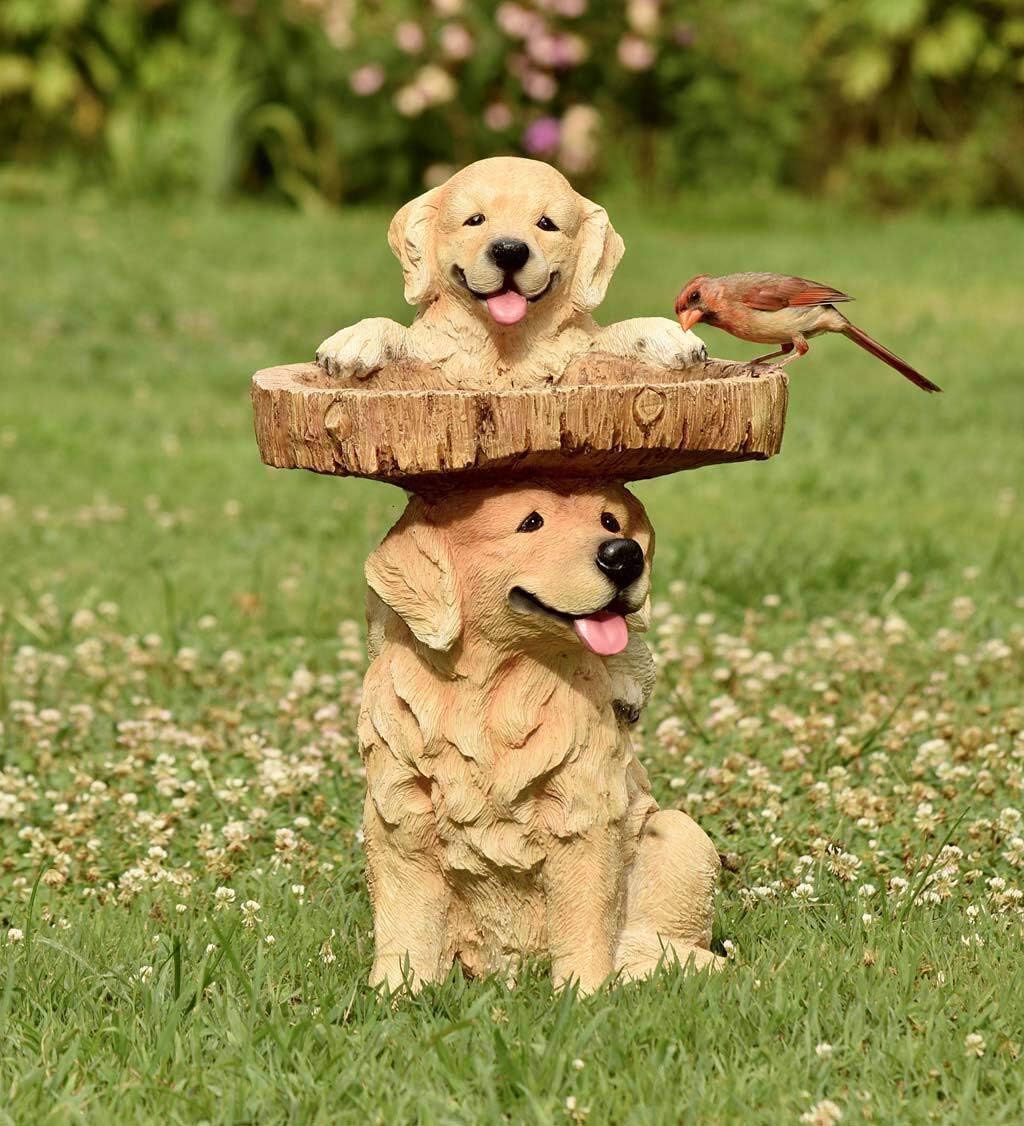 Plow & Hearth Two Playful Golden Retriever Puppies Resin Birdbath Hand-Painted All-Weather Wood-Look Resin Landscape and Garden Accent, 13¼ Dia. x 22 H