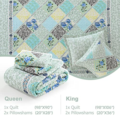 Finlonte Quilts Queen Size Sets, Floral Real Patchwork Blue Grey Farmhouse Plaid 100% Cotton Queen Quilt, Reversible Lightweight Soft Queen Bedspread Quilt Bedding Set, 3-Pieces