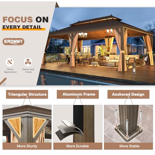 EROMMY 14'x20' Hardtop Gazebo Double Roof Galvanized Steel Canopy Outdoor Aluminum Frame Permanent Metal Pavilion with Netting and Curtains for Patio Backyard Deck and Lawns