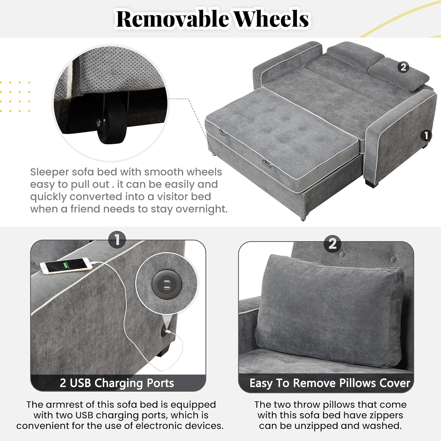 3 in 1 Multi-Functional Pull Out Sofa Bed , Linen Upholstered Convertible Sleeper Loveseat Couch Guest Daybed with Adjustable Backrest and Dual USB Charging Port for Living Room Office RV Furniture