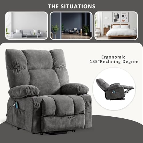 Power Lift Recliner Chair for Elderly,Recliner Massage Chair with Heat and Massage Recliner,Lift Chair Sofa with Infinite Position and Side Pocket,USB Charge Port,Gray
