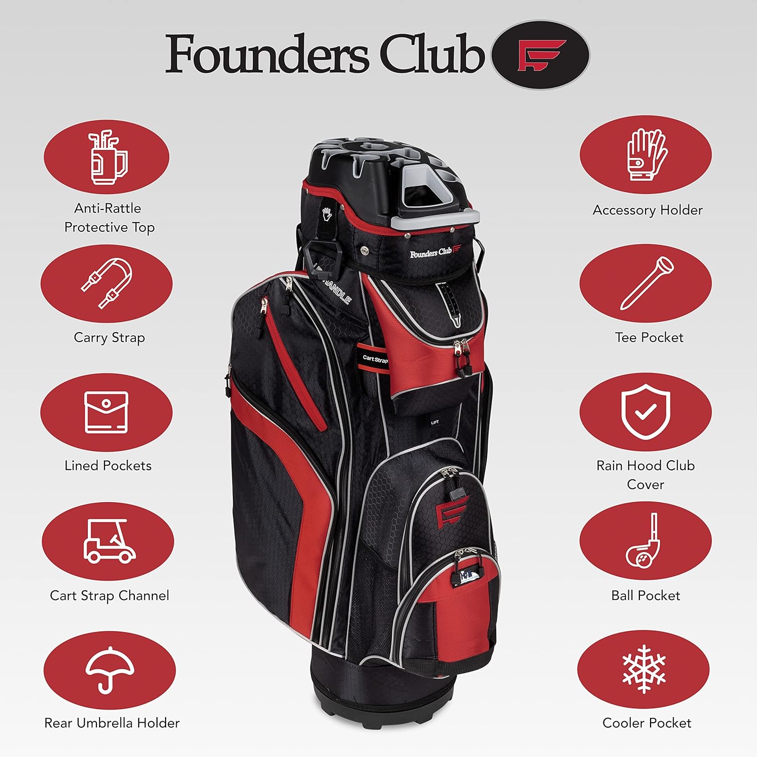 Founders Club Premium Cart Bag with 14 Way Organizer Divider Top (Black Red)