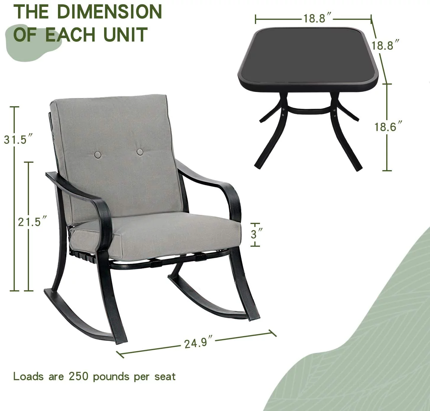 SOLAURA 3-Piece Outdoor Rocking Chairs Set, Black Iron Patio Furniture with Gray Thickened Cushion & Glass Coffee Table