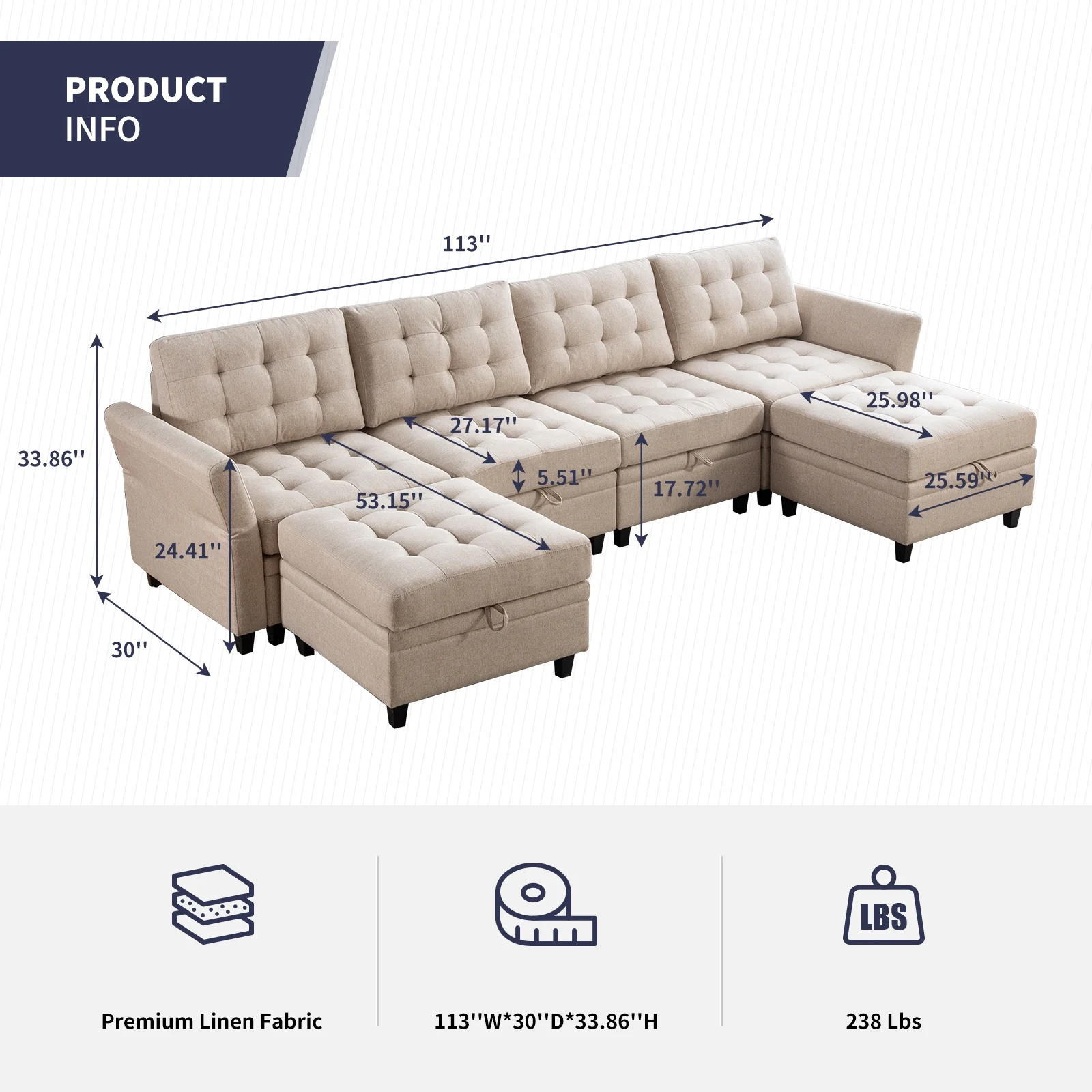 ijuicy Modern U/L Shaped Sectional Sofa Set with Storage Ottoman ,Oversized 6-Seat Modular Sofa Couch with Adjustable Armrest for Living Room,Beige
