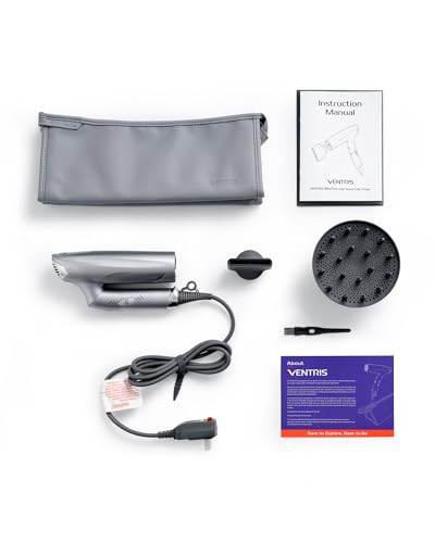 Ventris Ionic Hair Dryer Magnetic Diffuser,High Speed Styling Blow Dryer, Lightweight & Foldable for Travel Hair Dryer, Positive Negative Ion blowdryer